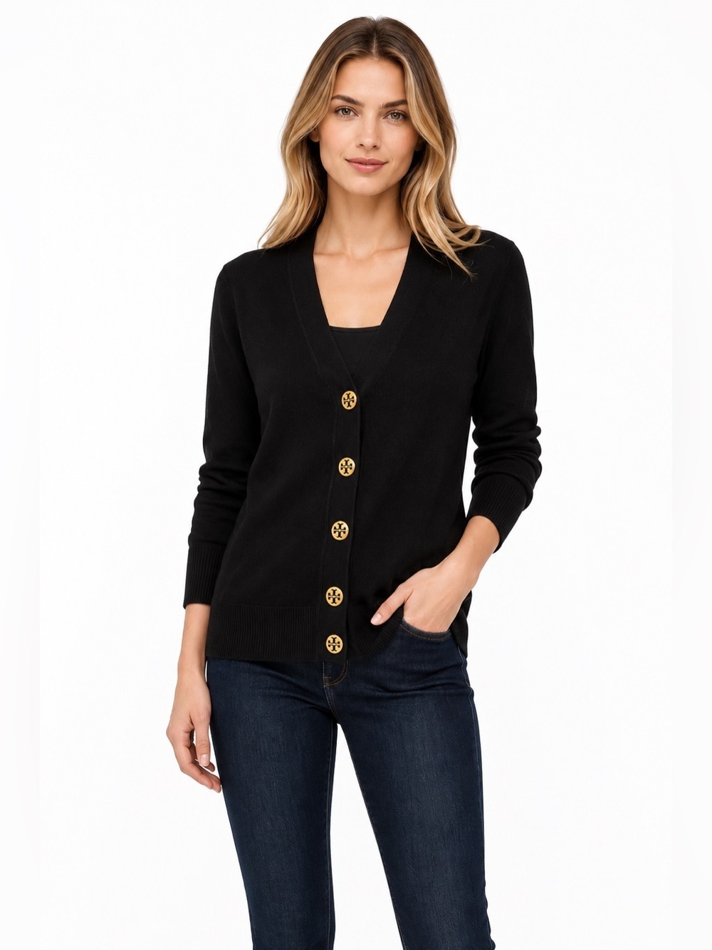 Tory Burch Black Merino Wool Logo Button Cardigan Size M